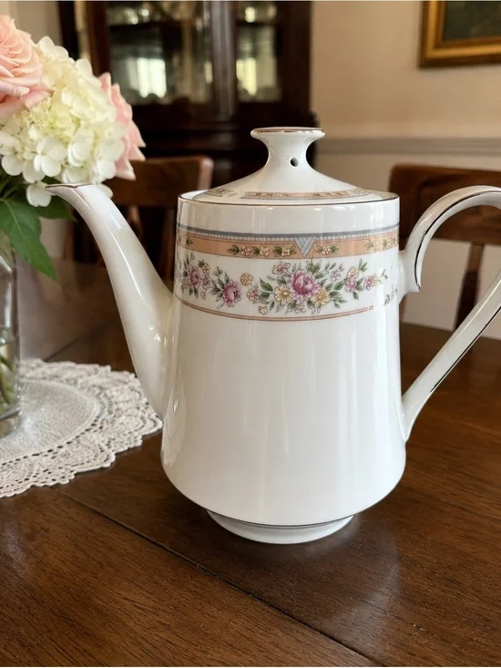 Porcelain Floral Accent Coffee Pot - Pink and Silver Trim