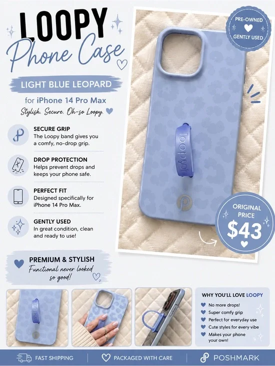 Loopy Case Light Blue Leopard Phone Case with Blue Loop for iPhone 14 Pro Max