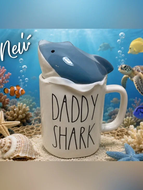 Rae Dunn Daddy Shark Ceramic Mug with Shark Lid - White and Blue