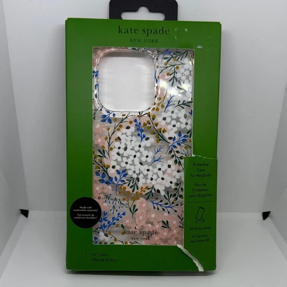 Kate Spade iPhone 15 Pro Case Pink Blue Gold Floral MagSafe NWT