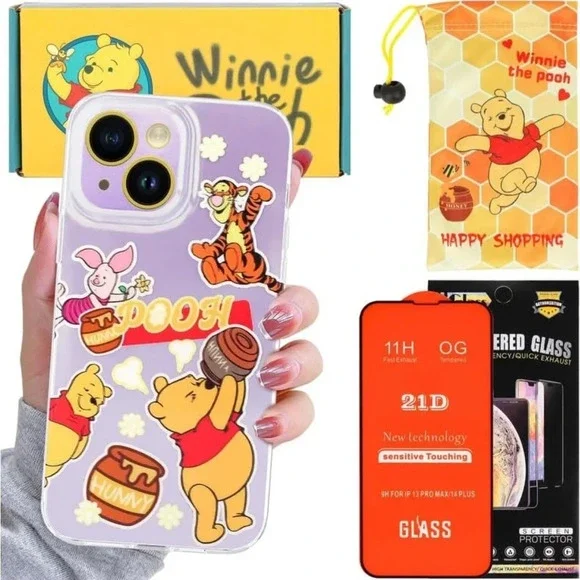 🆕 Winnie The Pooh Cartoon Case for IPhone 14 with HD Screen Protector