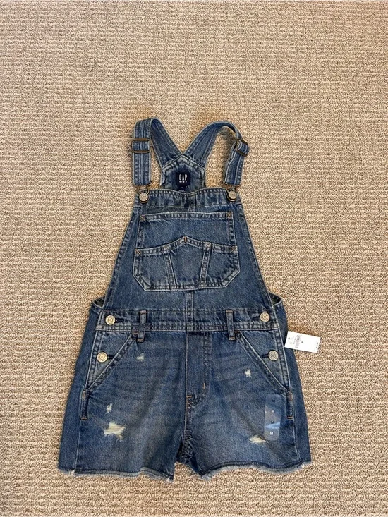 GAP Distressed Denim Short Overalls in Blue