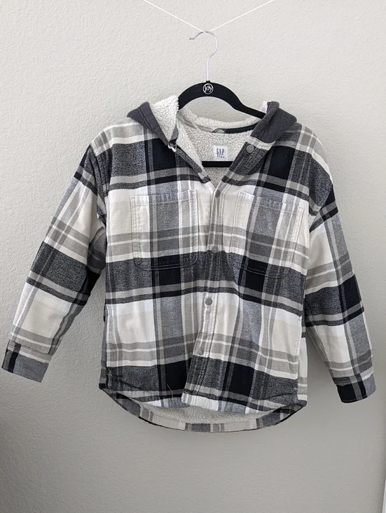 GAP Youth XL Black & White Plaid Sherpa-Lined Hooded Button Shirt Jacket