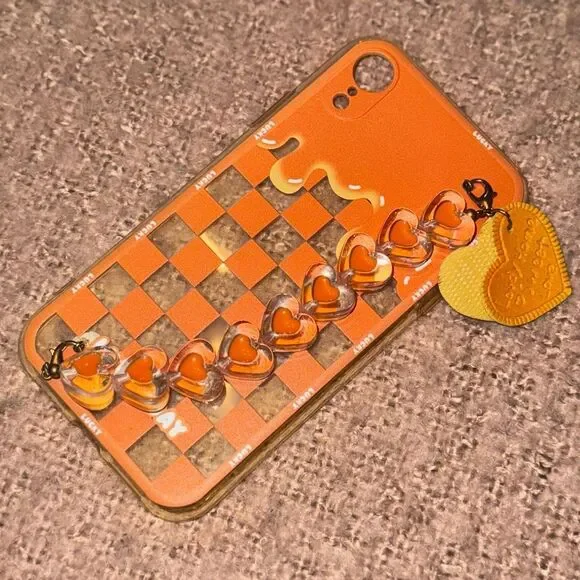 Orange Checkered Phone Case with Heart Charms