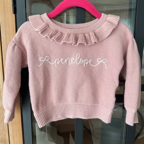 Penelope embroidered sweater monogrammed knit blush pink baby girl bows cotton