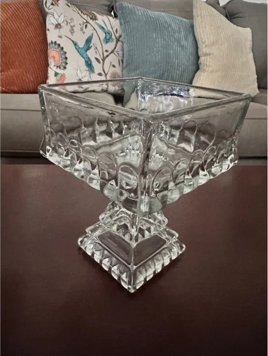 Vintage Jeannette Glass Wedding Candy Square Dish Pedestal Base