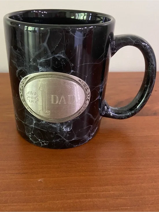 Title  #1 Dad Black Marble Ceramic Coffee Mug Pewter Look Emblem
