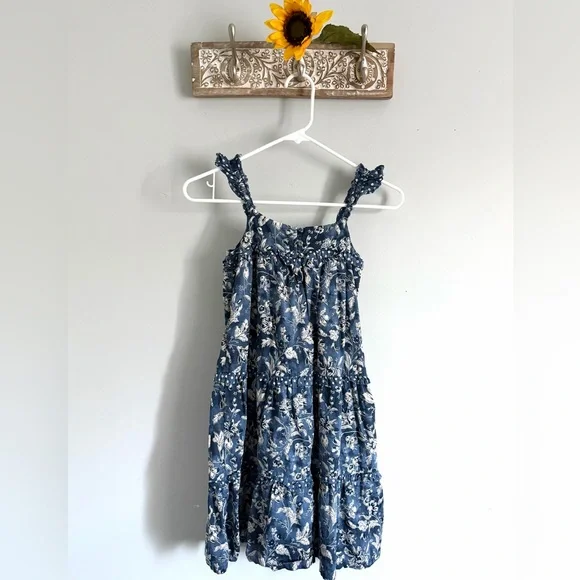 GAP Girls Blue & White Floral Tiered Sundress Ruffle Strap Sleeveless-Size Small