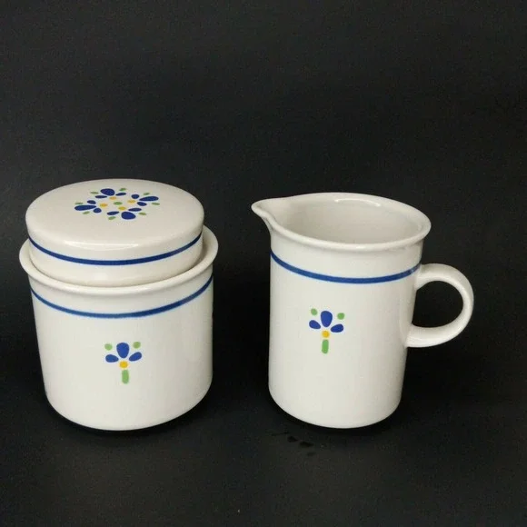 Vintage Avon Blue Floral Ceramic Creamer and Lidded Sugar Bowl‎ Set White