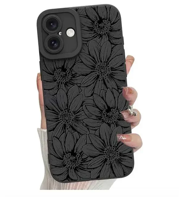 MZELQ Matte Black Silicone Case with Pressed Sunflower Floral Pattern for iPhone