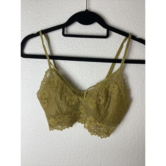 Womens Bralette Crop Top Strappy Lace Cutout Seamless Wireless Yellow Sz‎ Small