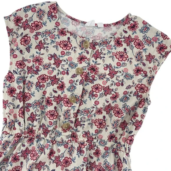 Gap Kids Girls‎ Floral Button Front Elastic Waist Dress XL 12 Beige Pink Blue