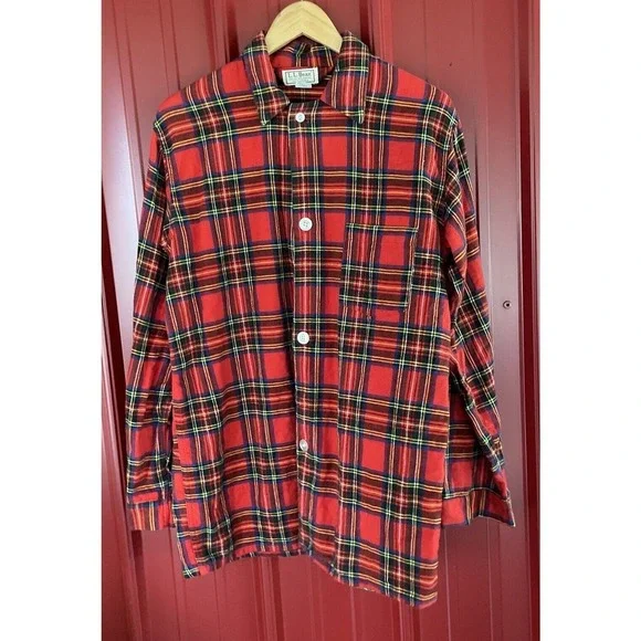 LL Bean Sleep Shirt Plaid Flannel Pajama USA Made Loungewear Vintage Medium Tall