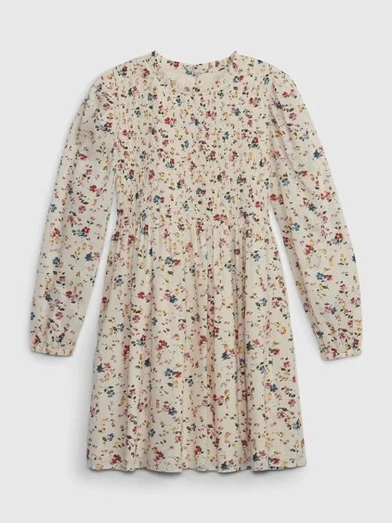 GAP Cream Floral Smocked Long-Sleeve Dress with Gold Accents in Size 6-7