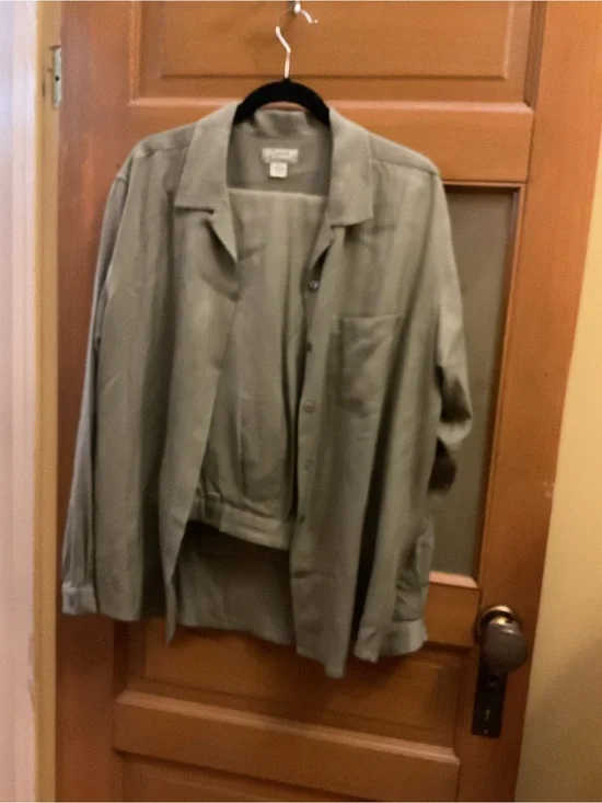 2 piece Tommy Bahama Sage Green Relaxed Button-Front shirt/jacket and trousers