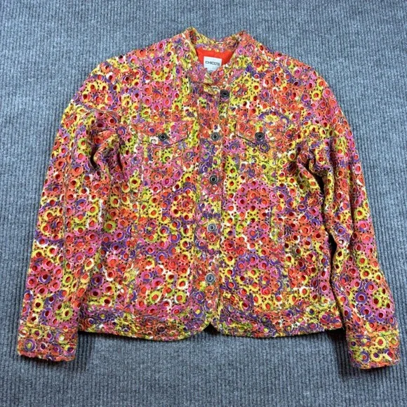 Chico's Jacket Womens‎ Size 1 Embroidered Eyelet Multicolor Floral Button Front