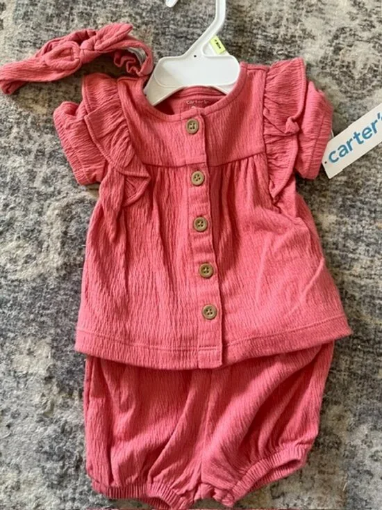 Carters Baby Girl 0-3 Months 3pc Gauze Set Top Bloomers Headband Coral Pink