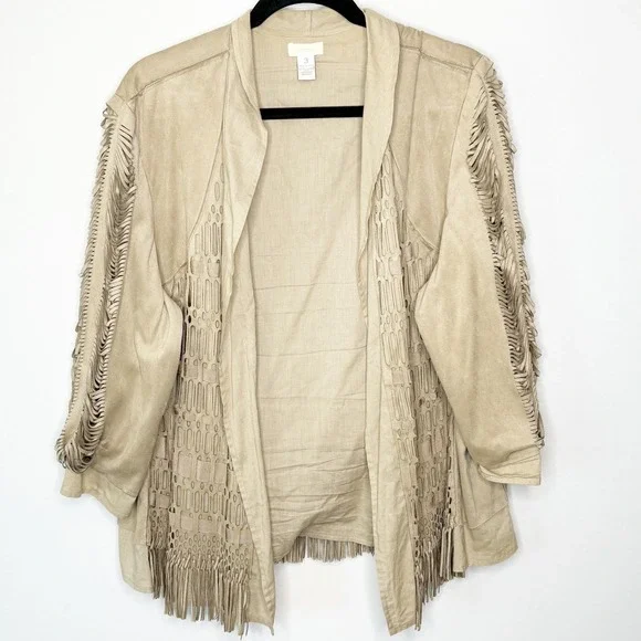 Chico's Tan Faux Suede Fringe Laser Cut Open Front Jacket Cardigan Size 3 XL