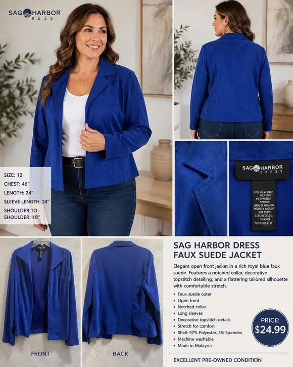 Sag Harbor Royal Blue Faux Suede Light Weight Jacket Sz 12 Black Stitch Detail