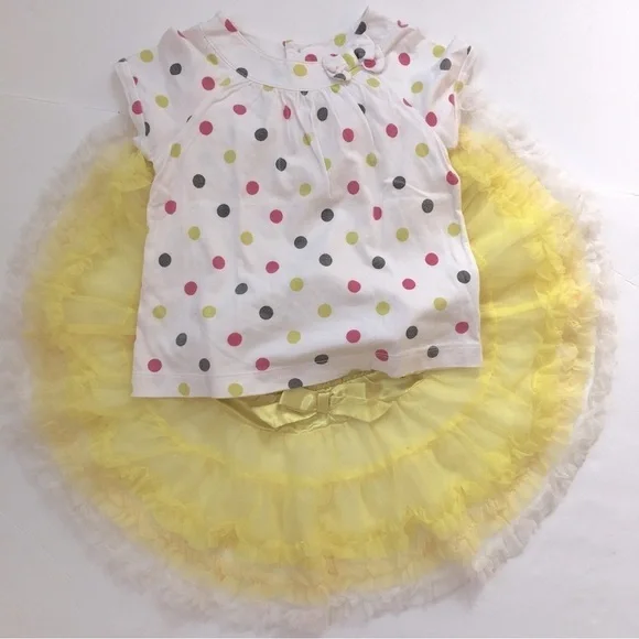 Bundle 2-Pcs Matching Sets Baby Girls Polka Dots White Top Yellow Tutu Skirt
