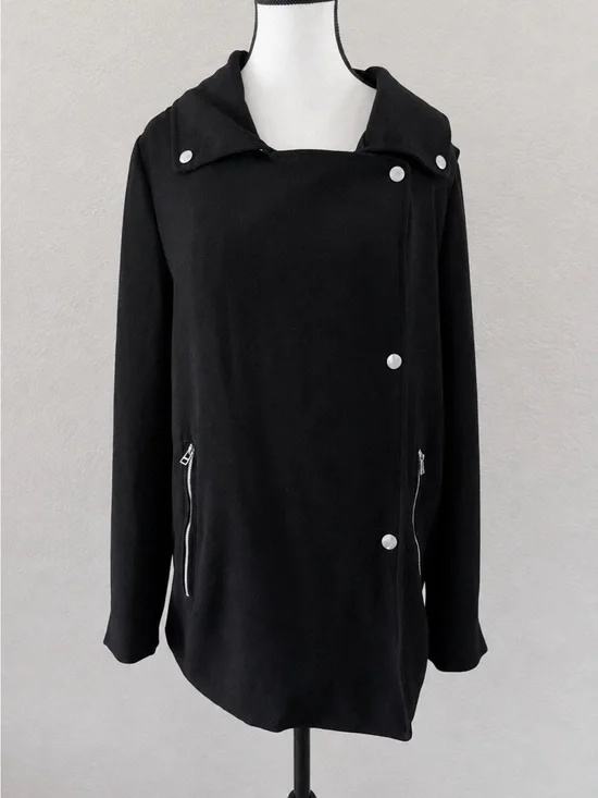 Joan Vass Studio Black Knit Jacket Convertible Snap Front Zip Pocket & Cuff
