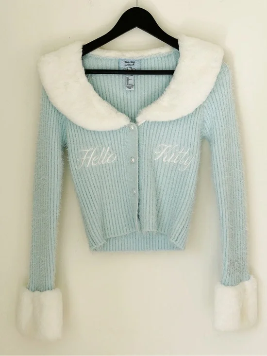 Forever 21 Light Blue Fuzzy Knit Jacket with White Faux-Fur Collar