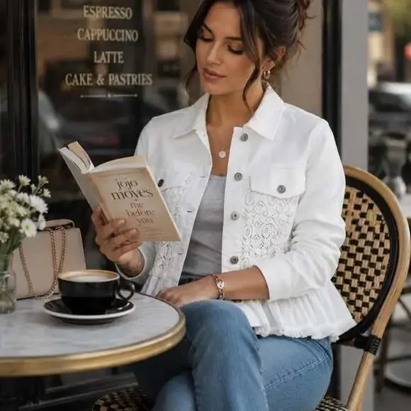 Baccini White Denim Western Jacket with Lace and Ruffle Detail