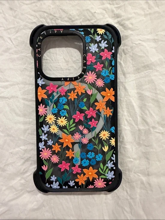 Casetify Black Floral Phone Case with Orange, Pink, Blue, Yellow & Green Flowers