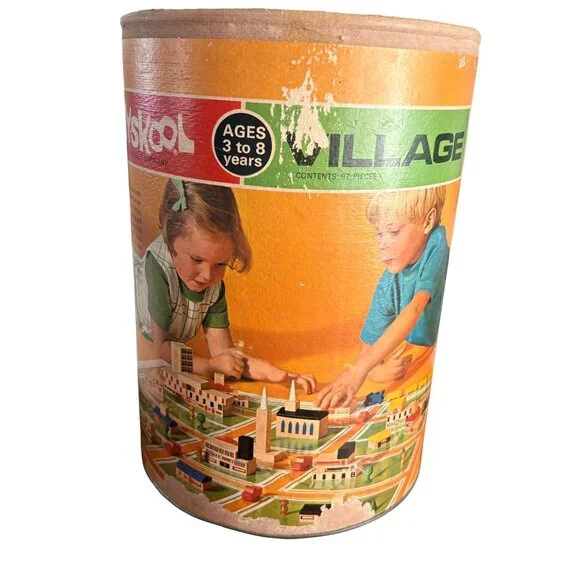 Vintage • 1970's Playskool: Village Wooden Blocks & Street Layout‎ In Container