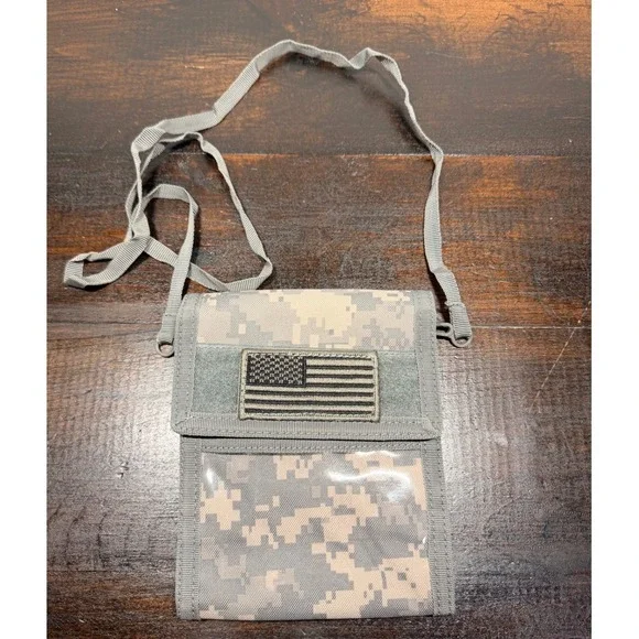 Tactical ACU Digital Camo Neck Wallet‎ ID Holder Travel Organizer USA Flag Patch