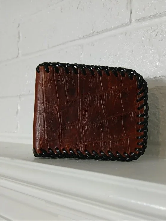 Brown‎ Croc-Embossed Leather Bifold Wallet with Black Whipstitch Trim