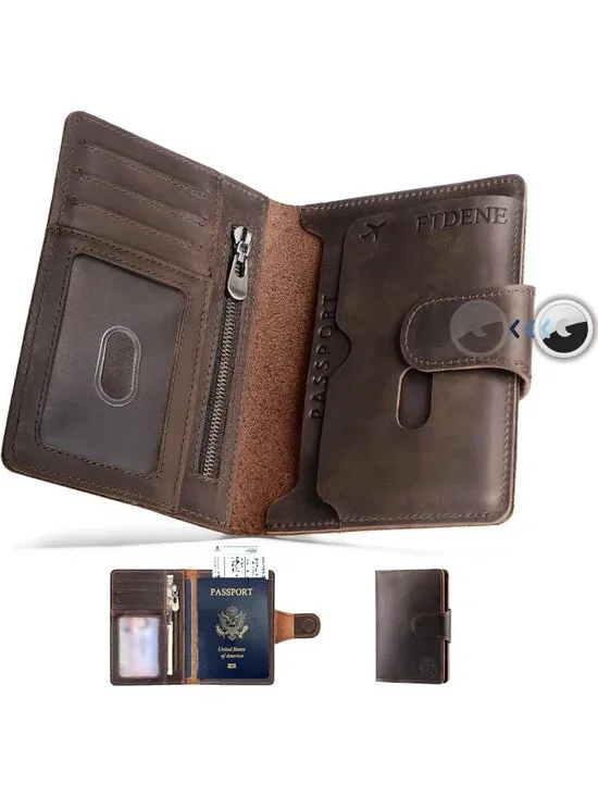 Slim Leather Passport Wallet for Travel, RFID Blocking, AirTag Slot, 2-3
