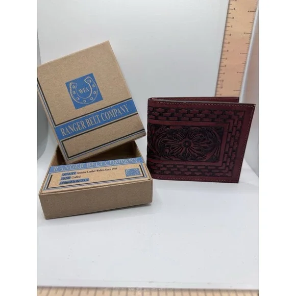 Ranger Belt Company Mens Hand Tooled Leather Bifold Wallet Floral Brown HFW-079B
