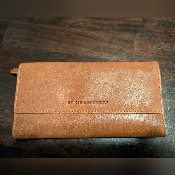 Spikes And Sparrow Brooklyn Leather Wallet, Congac w/ Houndstooth Lining