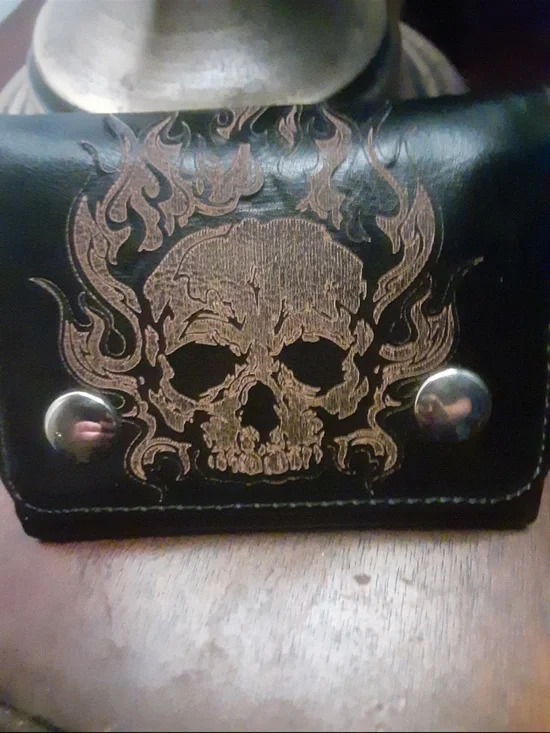 Black Skull Wallet with Bronze Flame Graphic