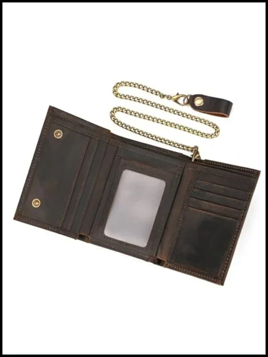 Genuine Leather Trifold Wallet with Anti-Theft Detachable Chain
