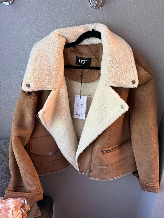 UGG Jacket -- Women's Finnian LuxeFluff Moto Jacket, Chestnut, Size Large