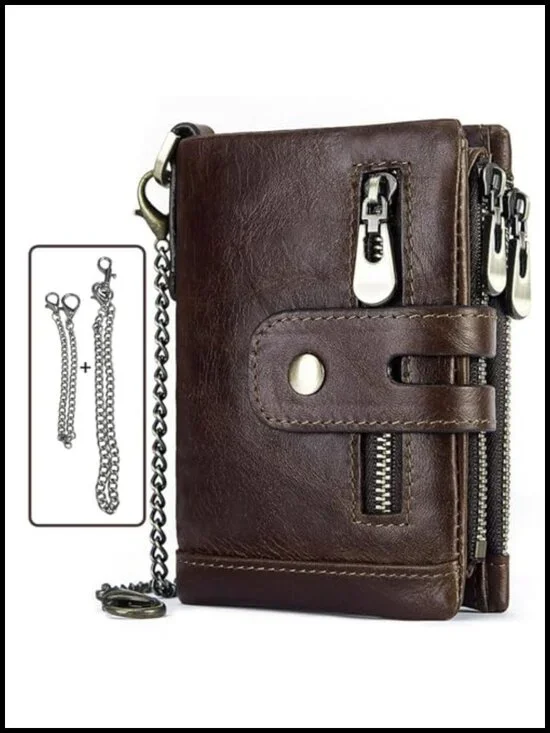 Genuine Leather Anti-Theft Wallet with Chain Men Biker Trifold RFID Wallet