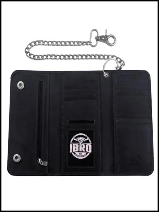 Cowhide Leather RFID Tri-Fold Biker Wallet with Removable Chain for Men