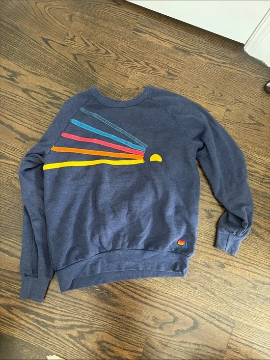 Aviator Nation Navy Crewneck with Multicolor Sunburst Stripes