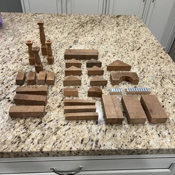 Vintage Wooden Building Blocks Set Mixed Shapes Pillars Arches Natural Wood Toy