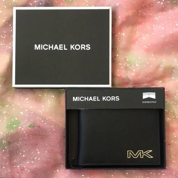 Brand New Michael Kors Genuine Leather Black Slim Billfold Wallet w/ Silver Logo