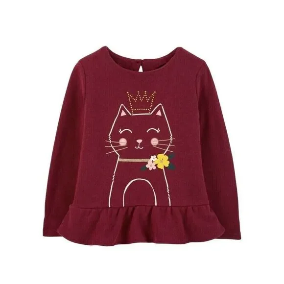 Toddler Girls Kids Sequin Rhinestone Princess Cat Sweater Peplum Top Maroon 4T