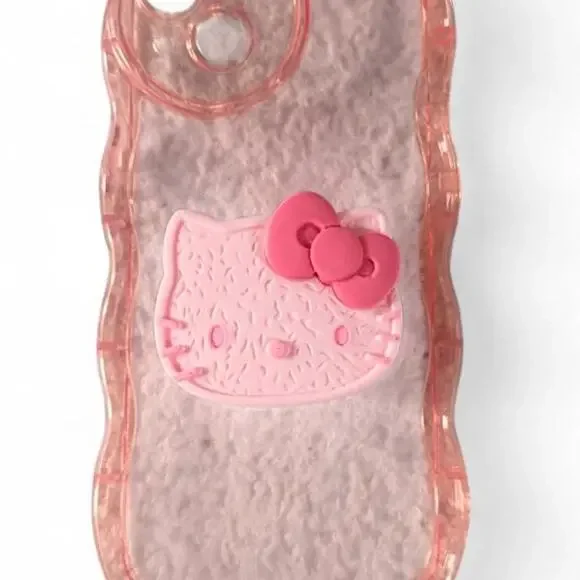 Hello Kitty Kawaii Pastel Pink Wavy IPhone 14 Plus Case w/ Holder Pop Out Socket