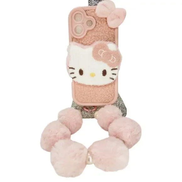 Hello Kitty Faux Fur Teddy PomPom Pastel Pink Kawaii Phone Case Wrislet 17 Pro
