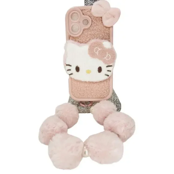 Hello Kitty Faux Fur Teddy PomPom Pastel Pink Kawaii Case Wrislet IPhone 17 Cute