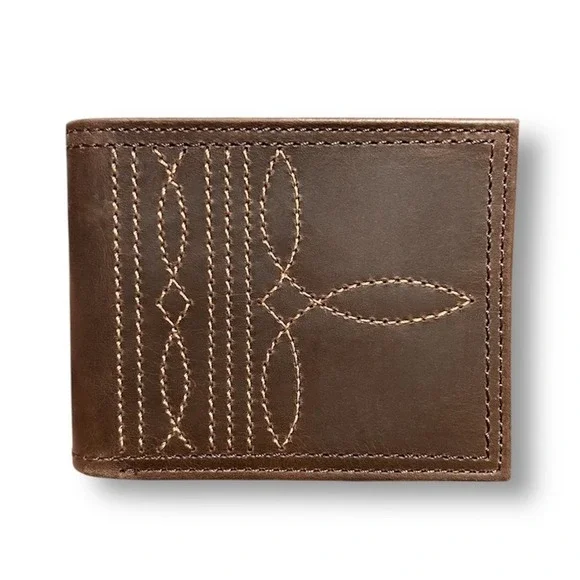 New Justin Brown Genuine Leather Bifold Wallet RFID Western Rodeo Boot Stitching