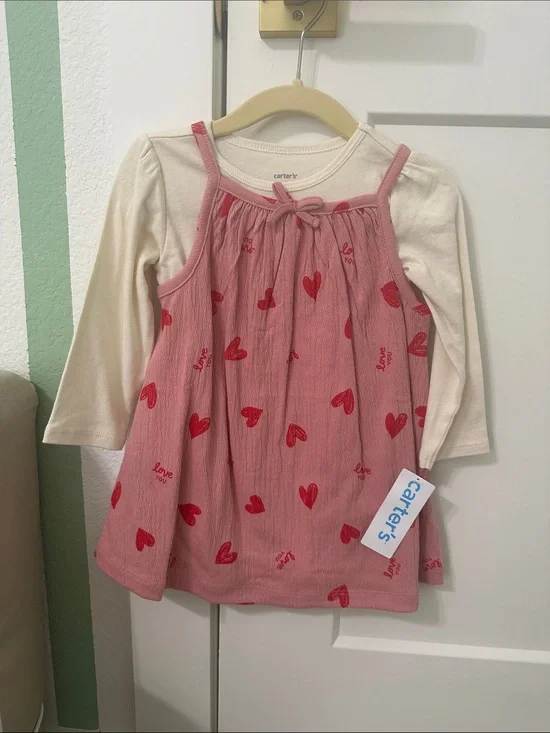 Carter's Pink Sleeveless Heart Dress with Cream Long-Sleeve Top