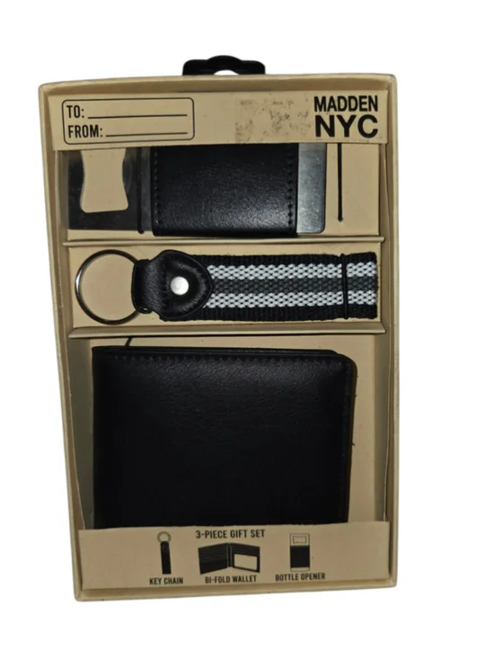 Men's Madden NYC 3-Piece Gift Set Wallet Key Chain Bottle Opener Black NEW