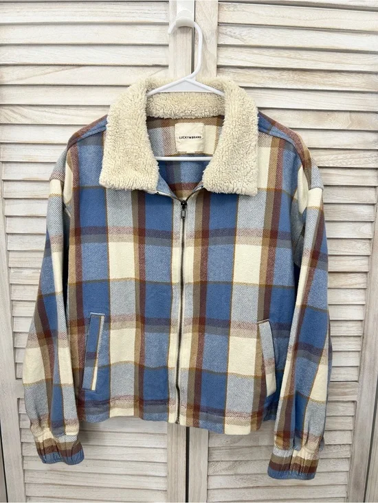 Lucky Brand Blue Plaid Sherpa Collar Zip Jacket Size Medium
